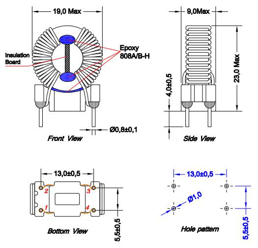 Ortak Mod Boğulma 2x3.5mh puan: 2.5a, maks. SRF: 1 kHz → 300 MHz