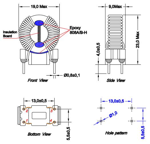 Ortak Mod Boğulma 2x3.5mh puan: 2.5a, maks. SRF: 1 kHz → 300 MHz