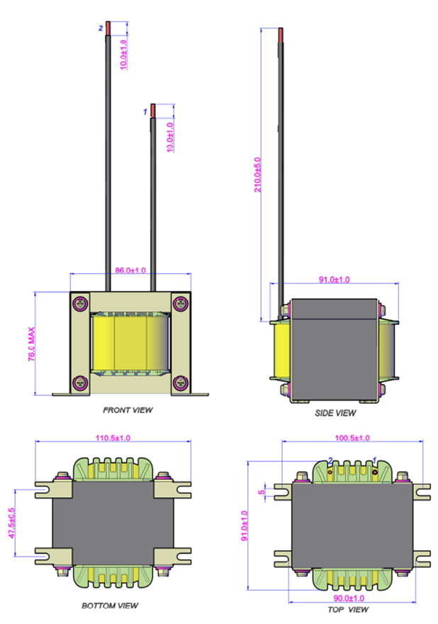 10kW pil şarj cihazı için PFC indüktör EI85 50Hz/60Hz 